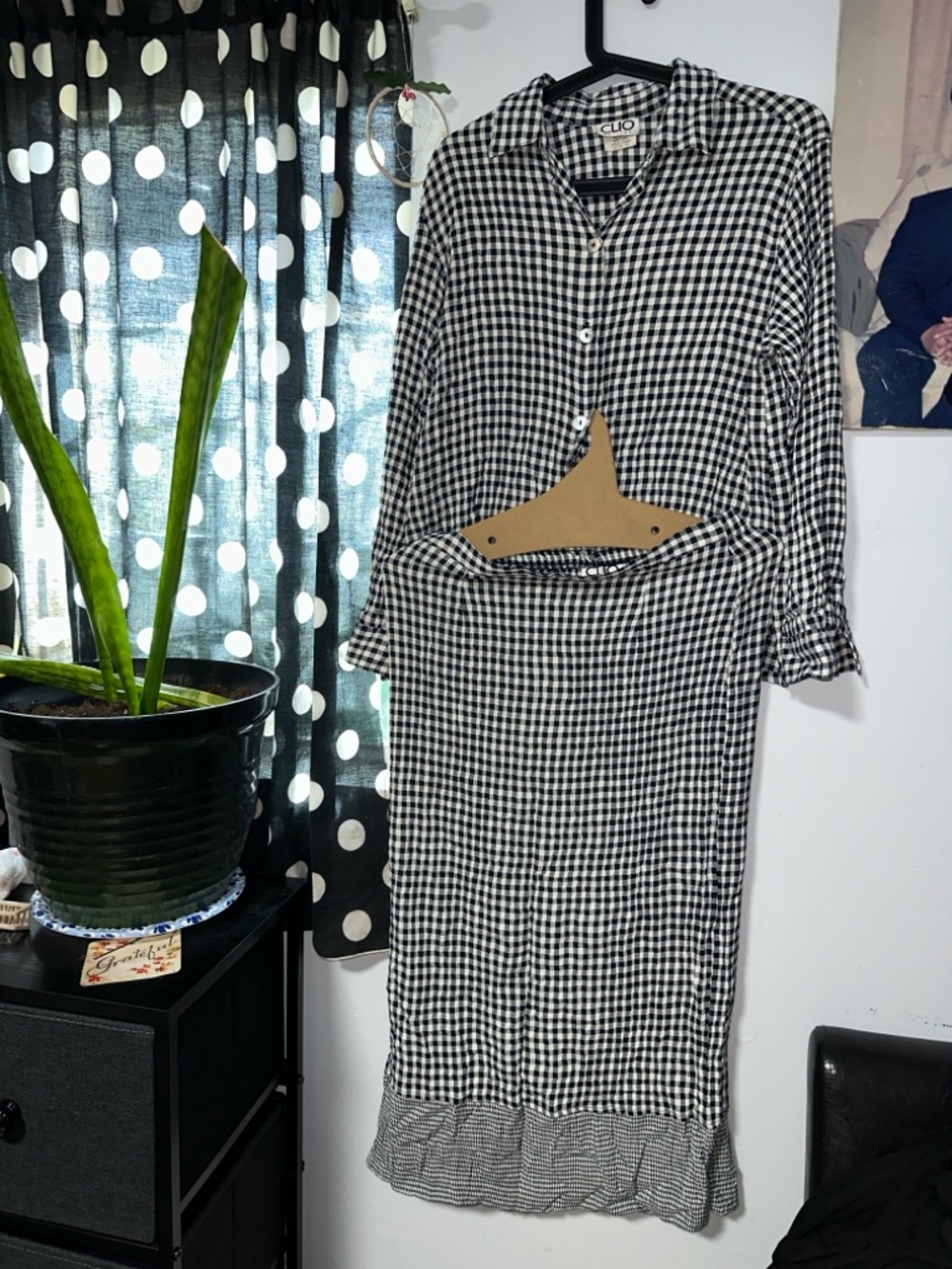 Clio Black and White Gingham Button-Up Dress with Ruffle Hem